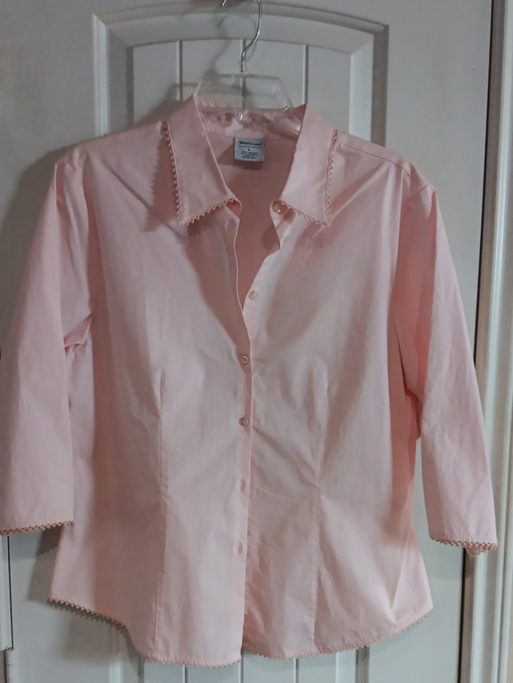 VTG Westbound Pink Button Down Blouse Picot Scallop Trim Stretch Cotton Top L